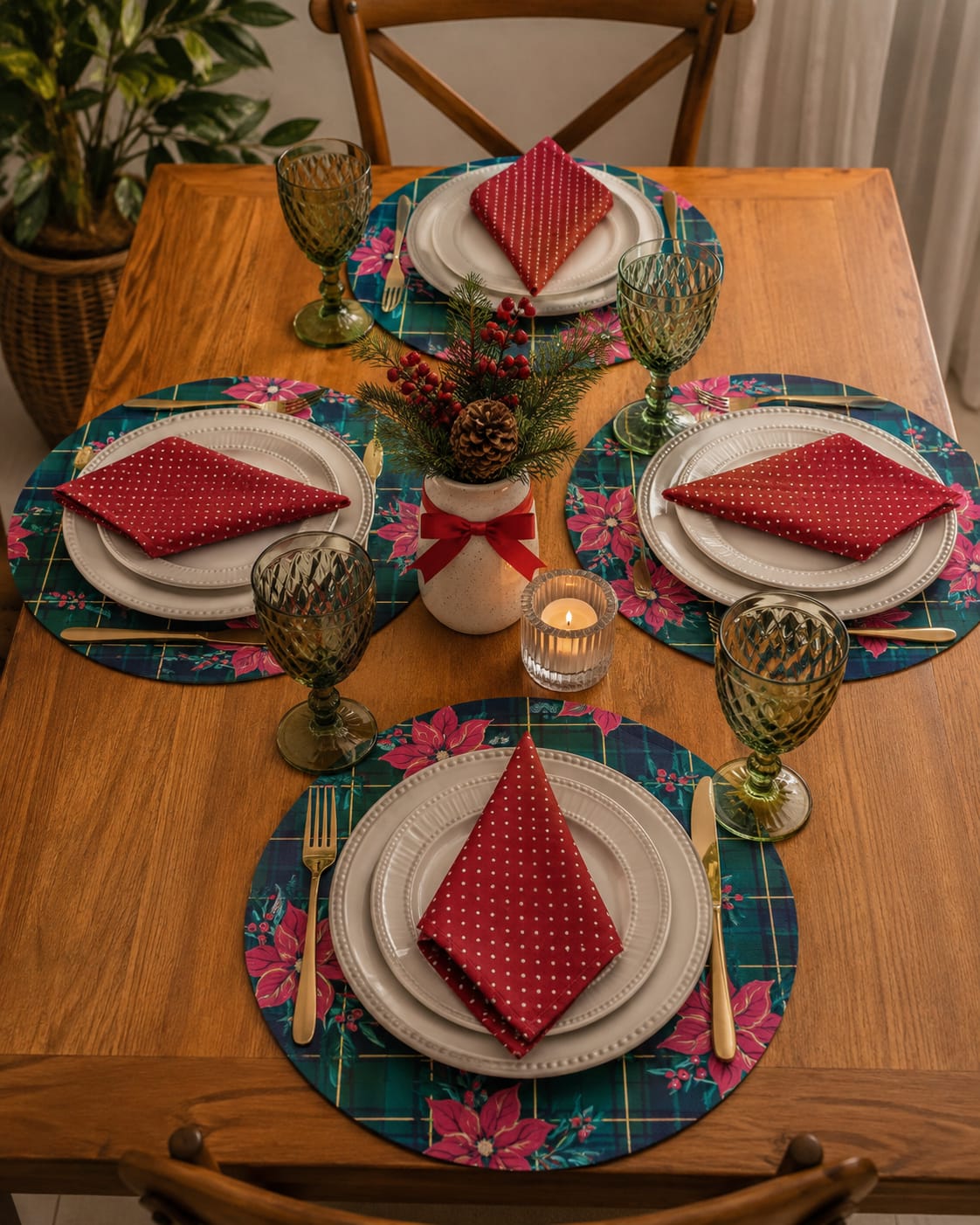 Mesa posta natalina com sousplats floridos em tons de verde e pink, guardanapos vermelhos e arranjo com pinha