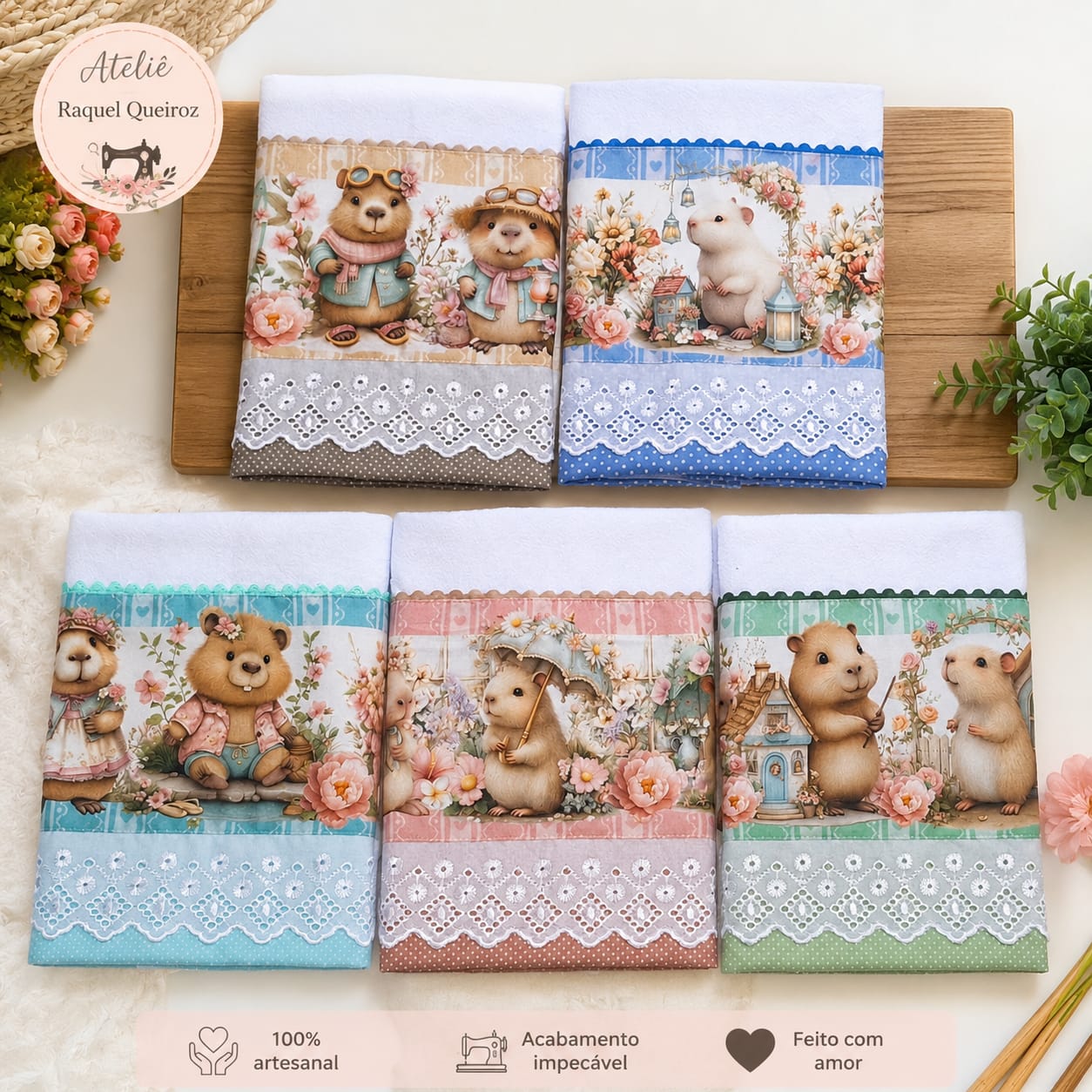 Panos de prato bordados com estampa floral de capivaras em tons pastel