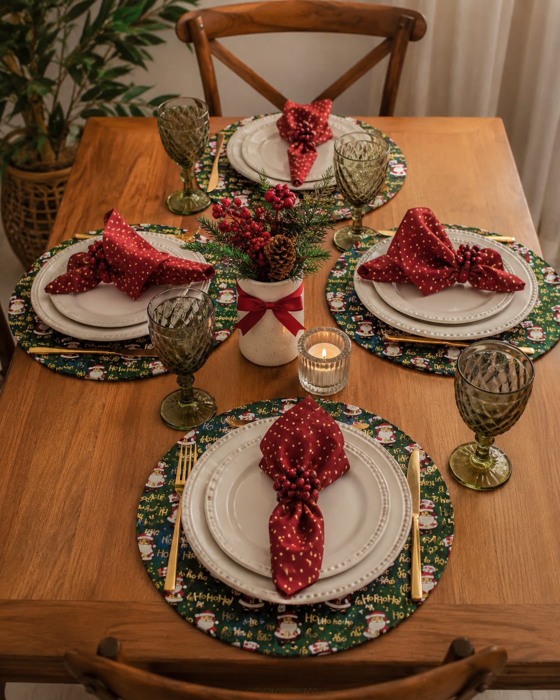 Mesa posta de Natal com sousplats estampados de Papai Noel, guardanapos vermelhos e centro de mesa com pinha
